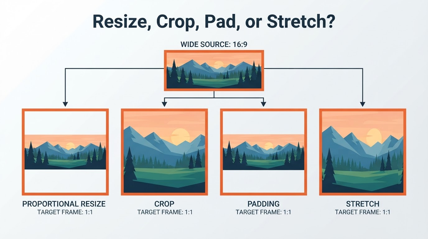 Diagram comparing proportional resizing, cropping, padding, and stretching for a wide image placed in a square frame