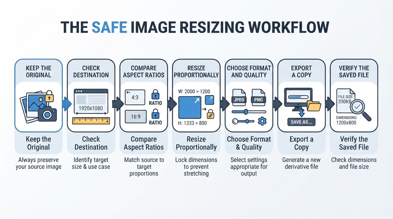 Seven-step workflow for checking requirements, resizing proportionally, exporting, and verifying an image