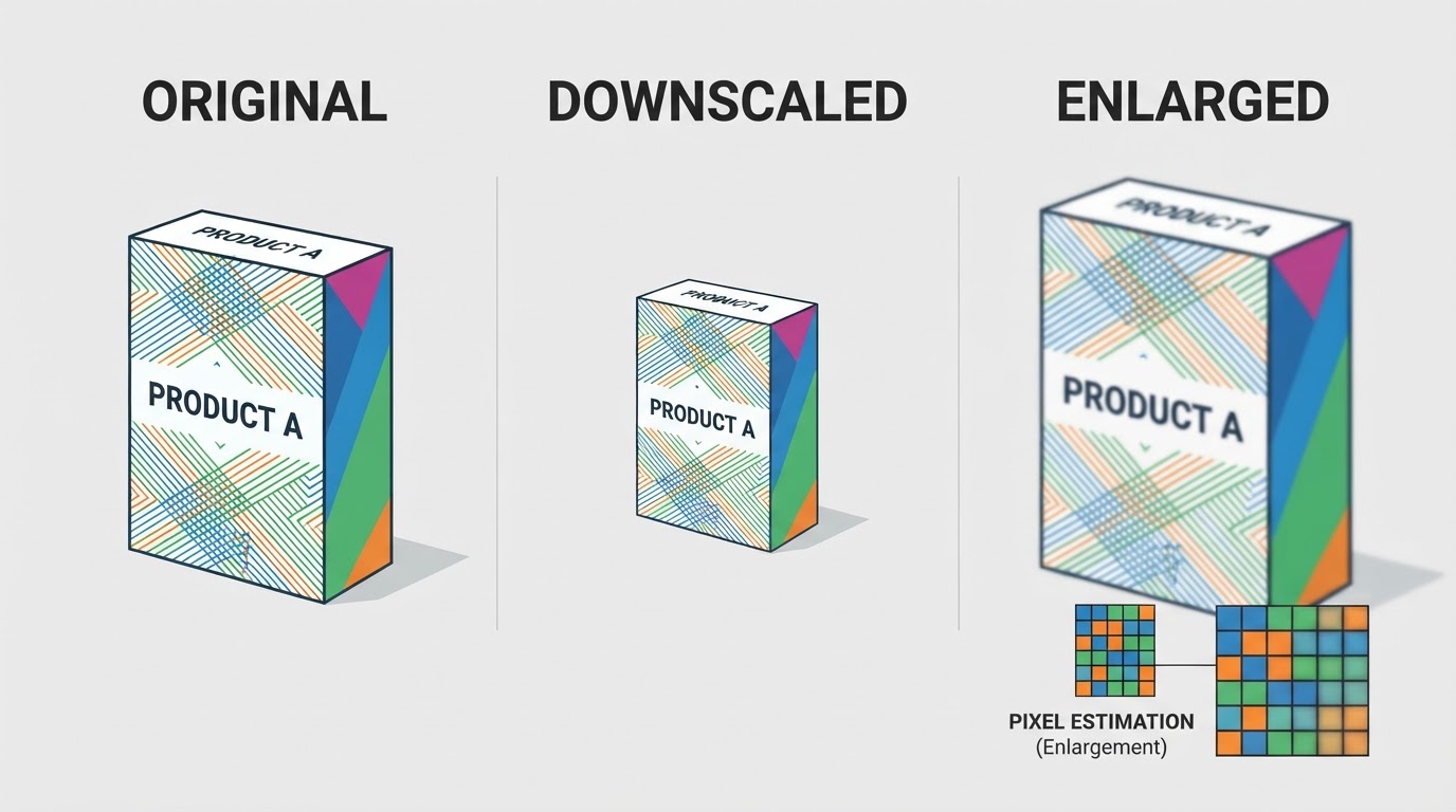 Comparison showing a clean downscaled image and a softer enlarged image beside the original