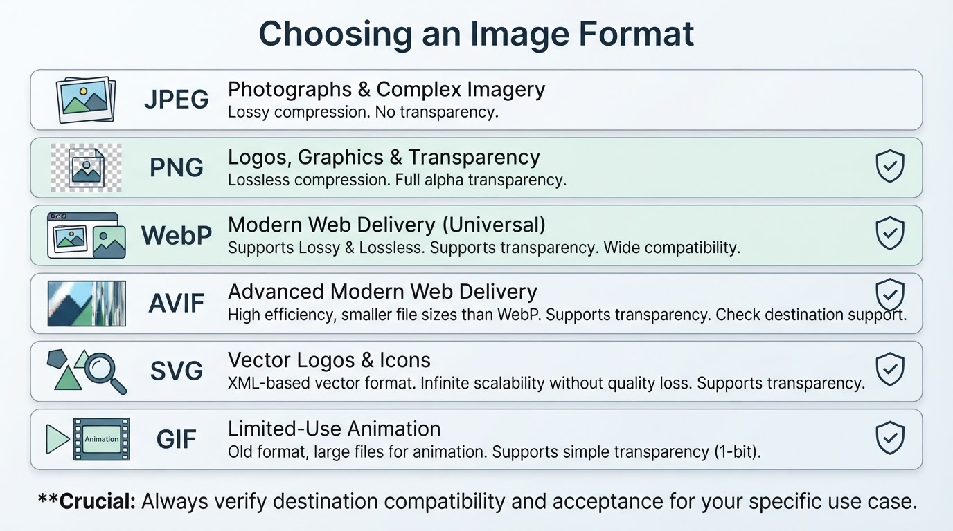 Image format guide comparing JPEG, PNG, WebP, AVIF, SVG, and GIF by common uses and transparency support