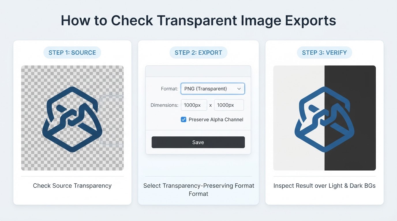 Three steps for preserving transparency: inspect the source, export in a suitable format, and check it over light and dark backgrounds
