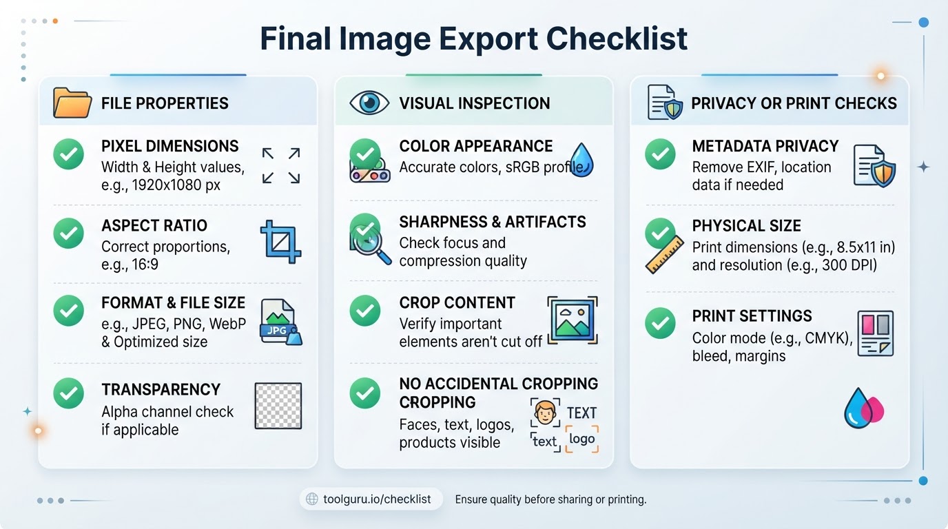 Checklist for verifying image dimensions, format, file size, appearance, transparency, print settings, and metadata