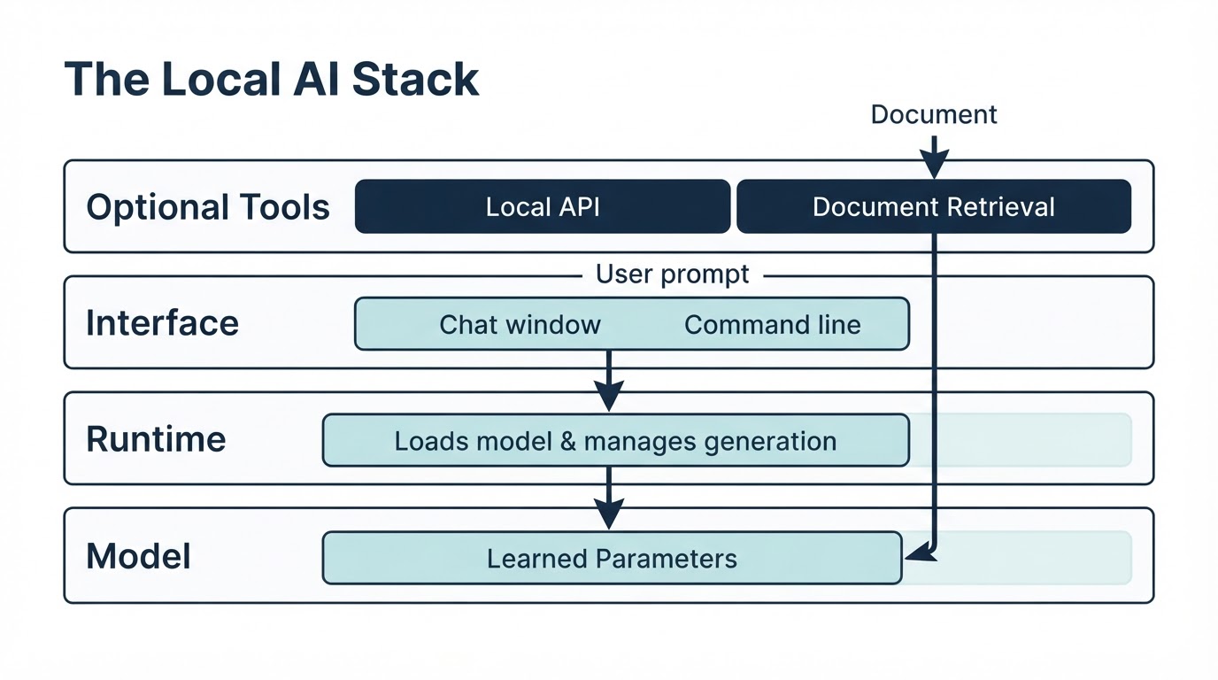 Diagram showing how a local AI model, runtime, interface, local API, and document retrieval layer work together