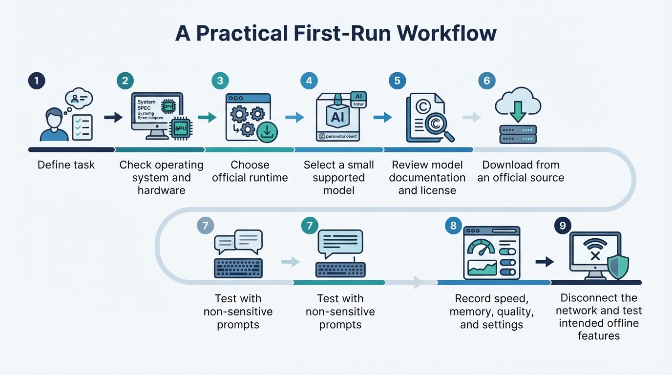 Nine-step workflow for choosing, installing, testing, and evaluating a local AI model
