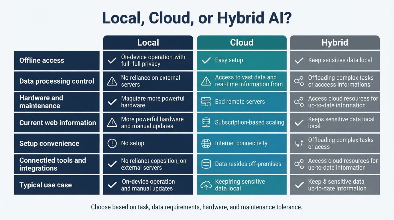 Comparison of local, cloud, and hybrid AI across offline access, control, convenience, maintenance, and connected capabilities
