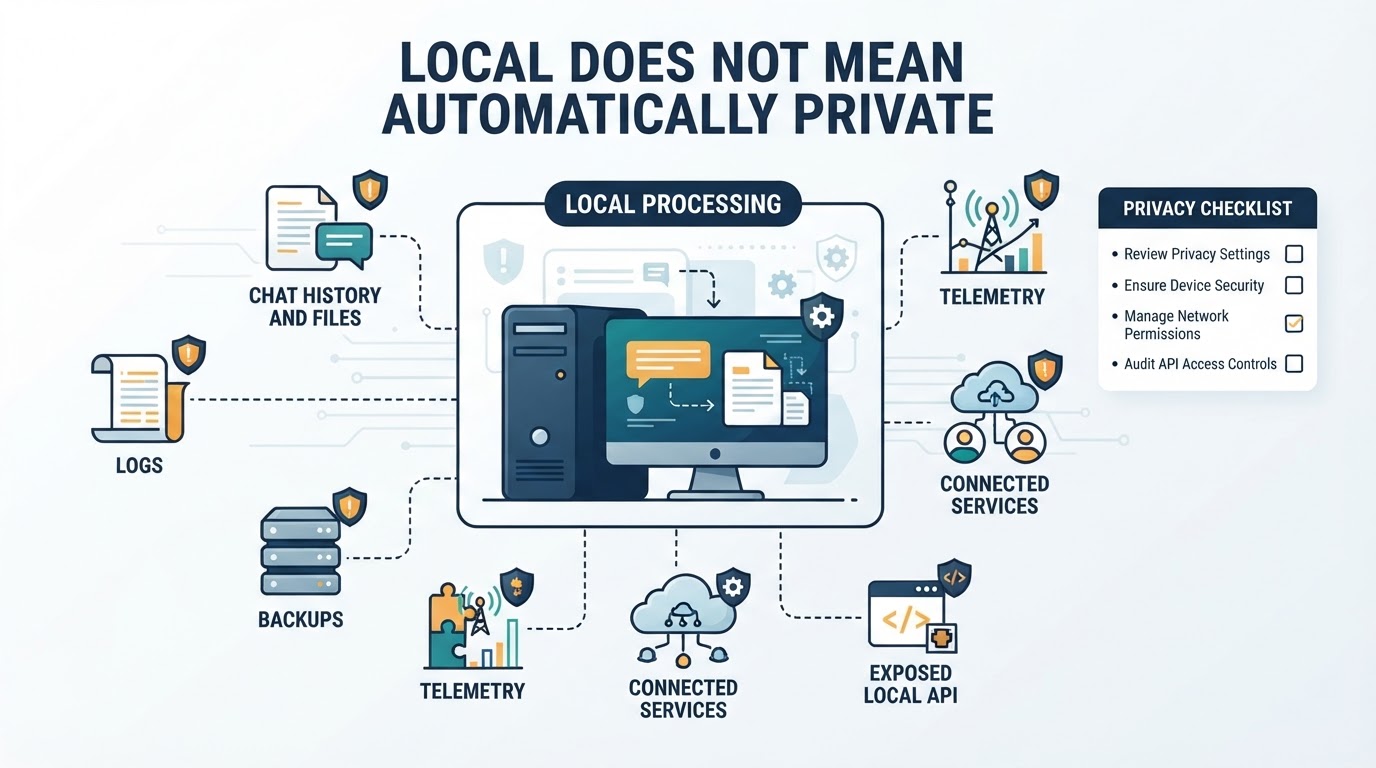 Privacy diagram showing how local AI data may still be exposed through storage, logs, backups, plugins, telemetry, device access, or APIs