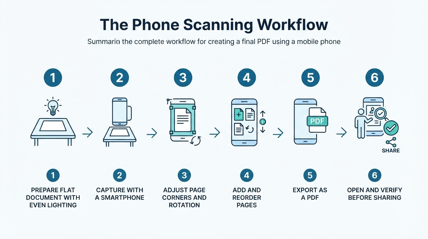 A six-step diagram showing how to prepare, capture, correct, combine, export, and verify a phone-scanned PDF.
