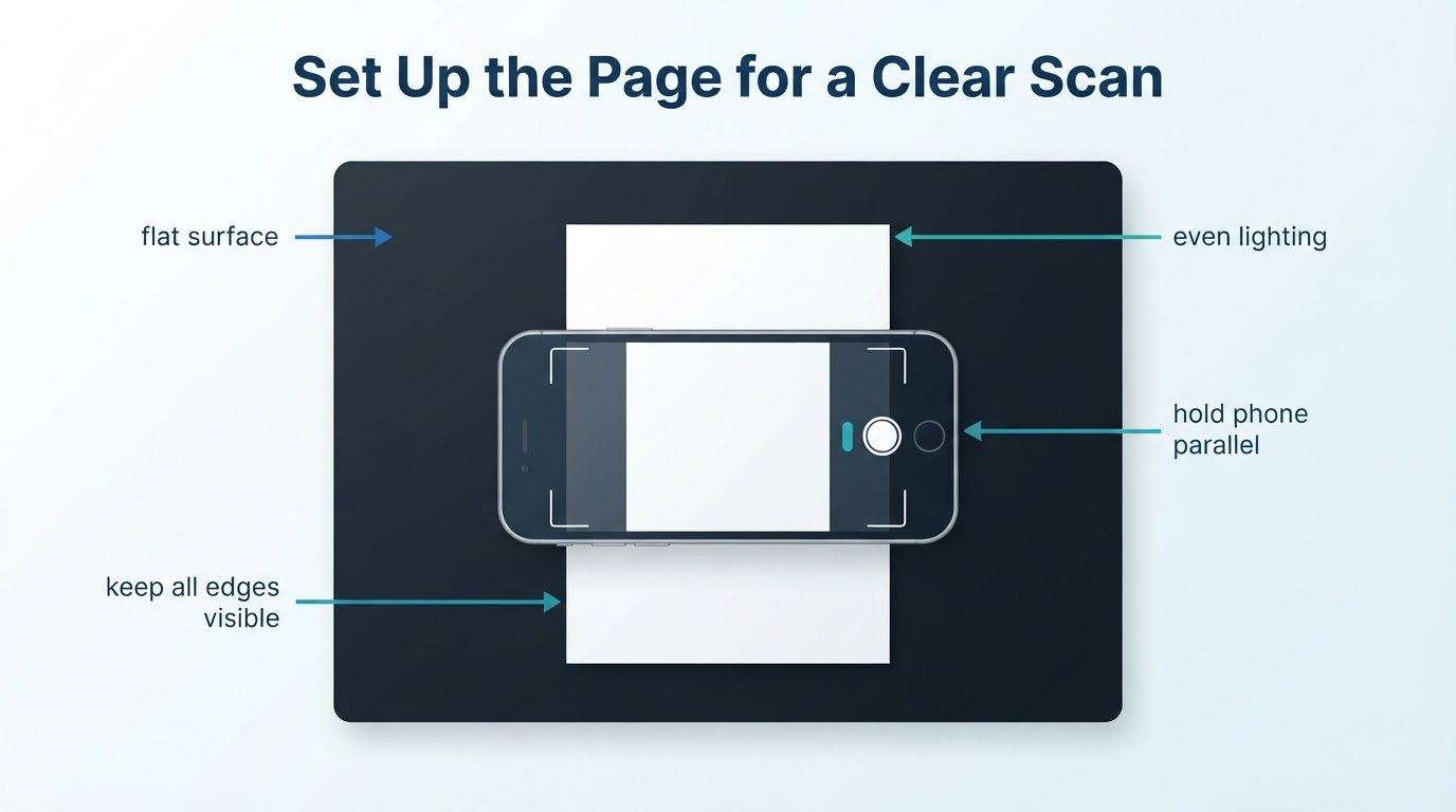 Overhead setup showing a document on a contrasting surface with even lighting and a phone held parallel for scanning.