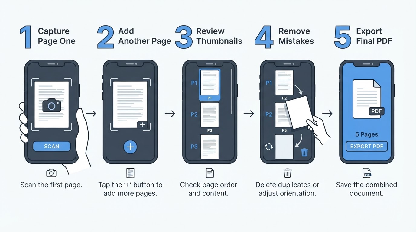 Five steps for capturing pages, adding more pages, checking order, removing mistakes, and exporting one multi-page PDF.