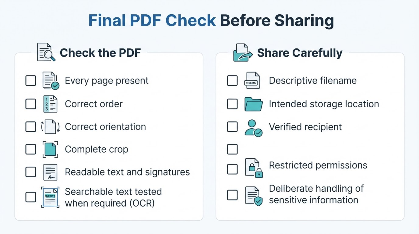 A checklist for verifying scanned PDF quality and sharing the file carefully.