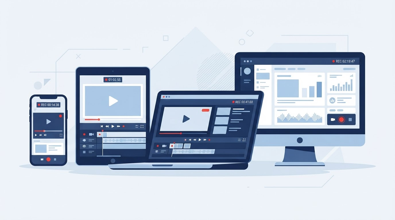 Illustration of a phone, tablet, laptop, and desktop monitor recording their screens