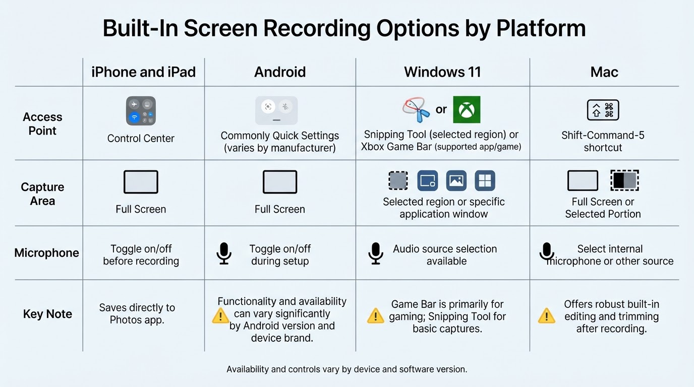 Comparison of built-in screen recording methods on iPhone, Android, Windows 11, and Mac