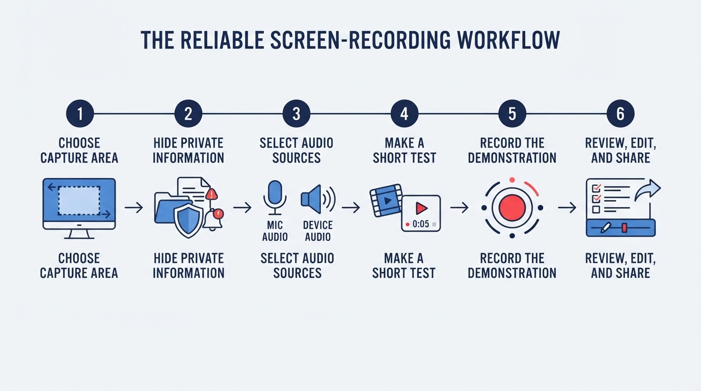 Six-step workflow for preparing, recording, reviewing, and sharing a screen recording