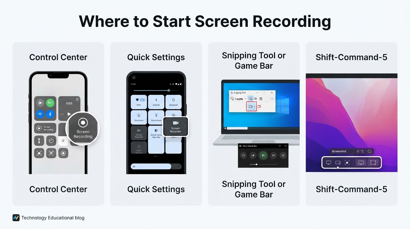 Four-panel guide showing where to access screen recording on iPhone, Android, Windows, and Mac