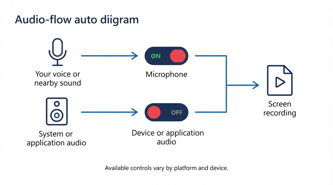 Diagram showing microphone narration and device audio as separate screen-recording sources