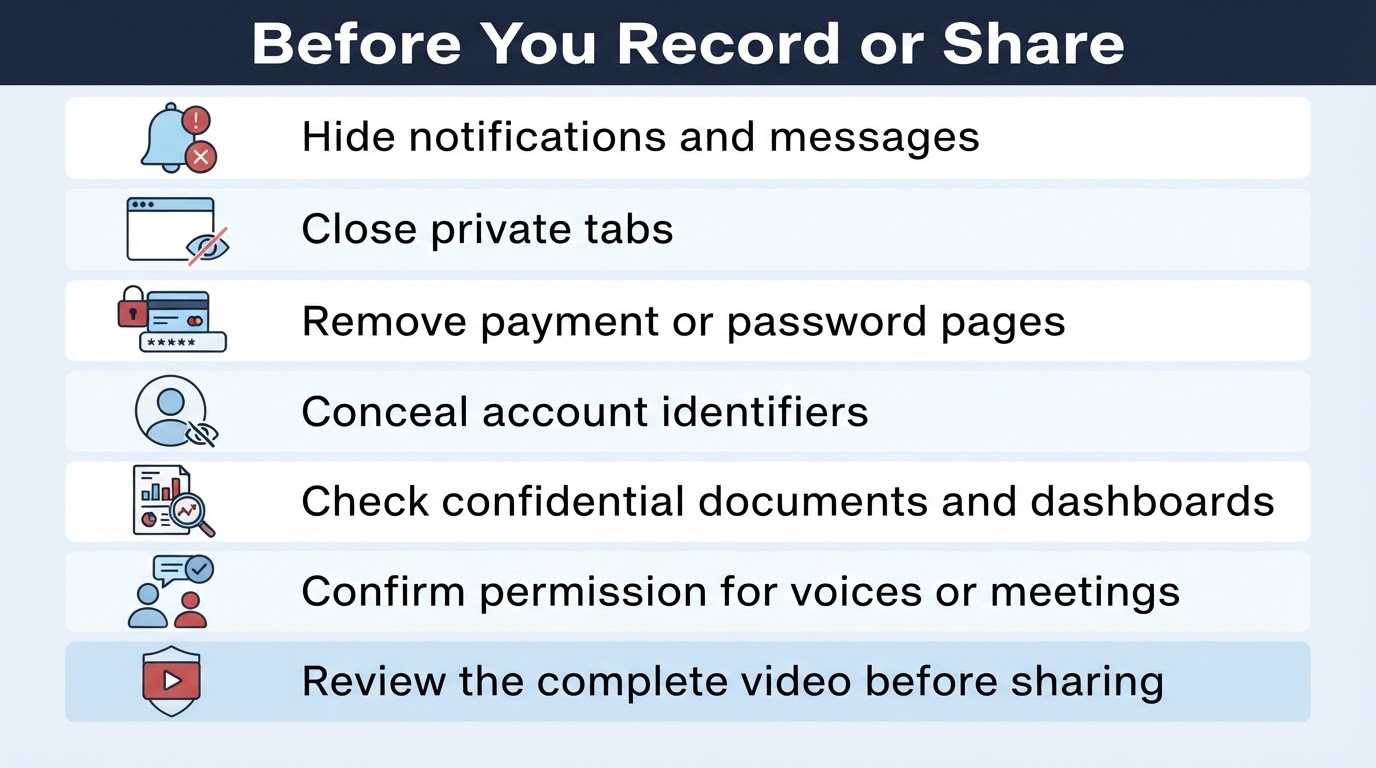 Privacy checklist for hiding sensitive information and reviewing a screen recording before sharing