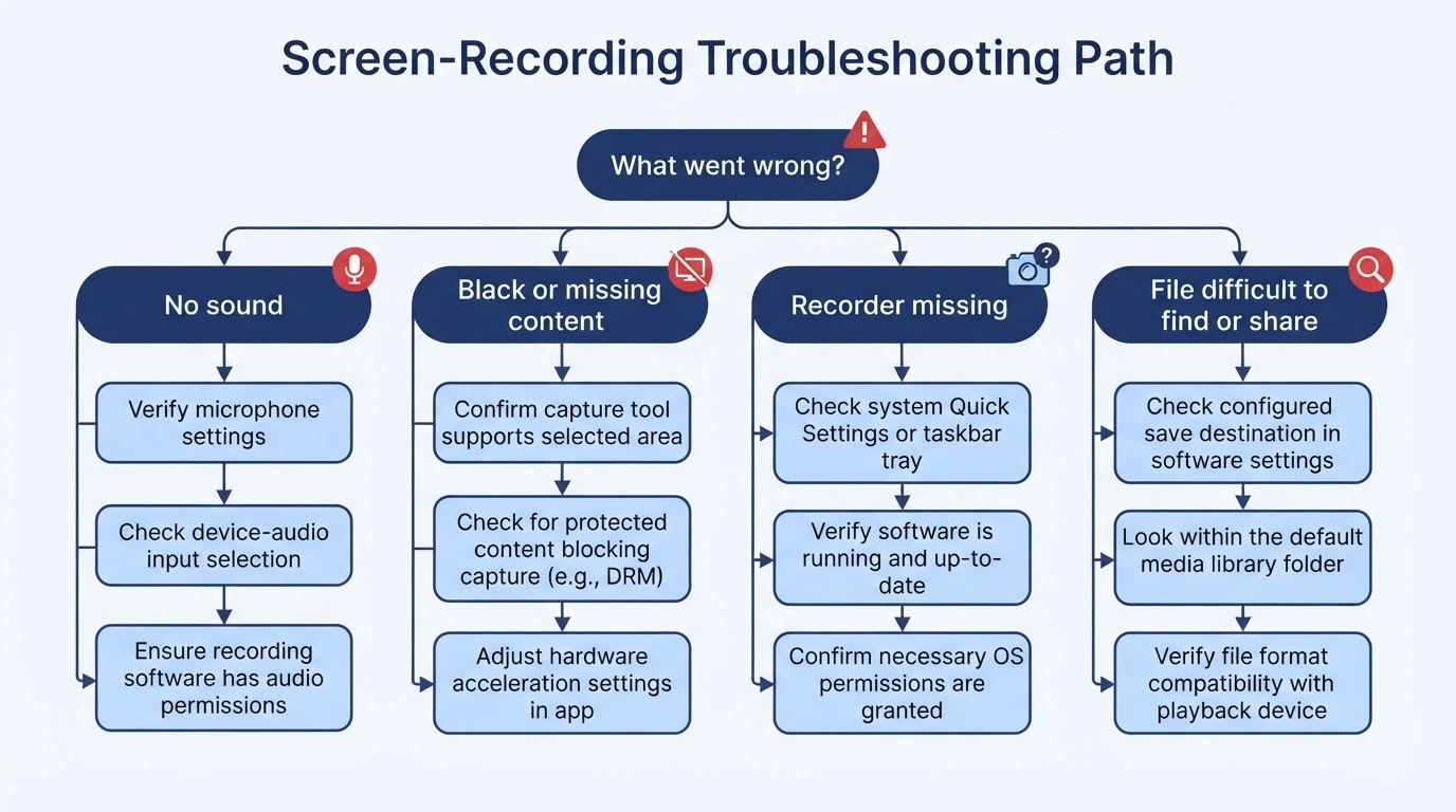 Troubleshooting flowchart for missing audio, black footage, unavailable recorders, and hard-to-find files
