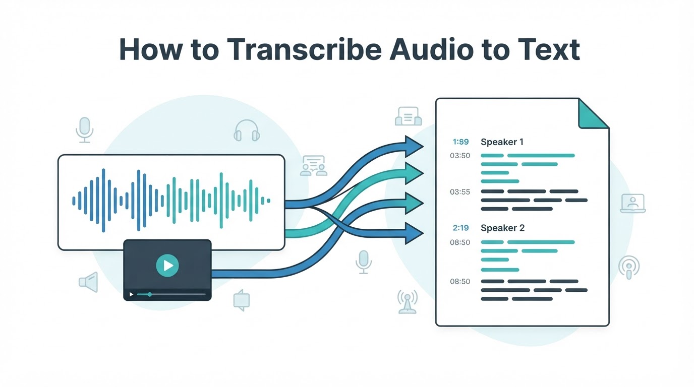 Audio and video recordings being converted into a text transcript with speaker labels and timestamps