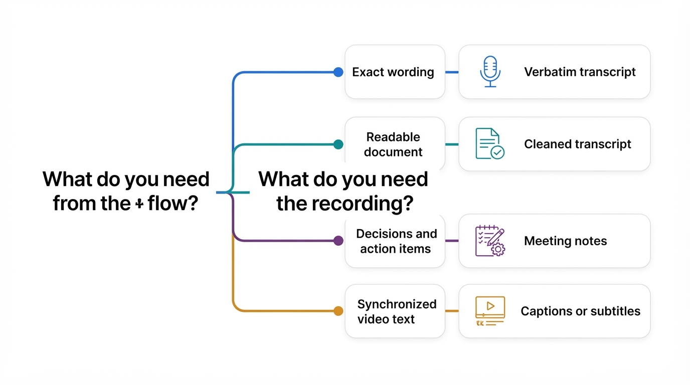 Diagram matching transcription goals with verbatim transcripts, cleaned transcripts, meeting notes, or captions
