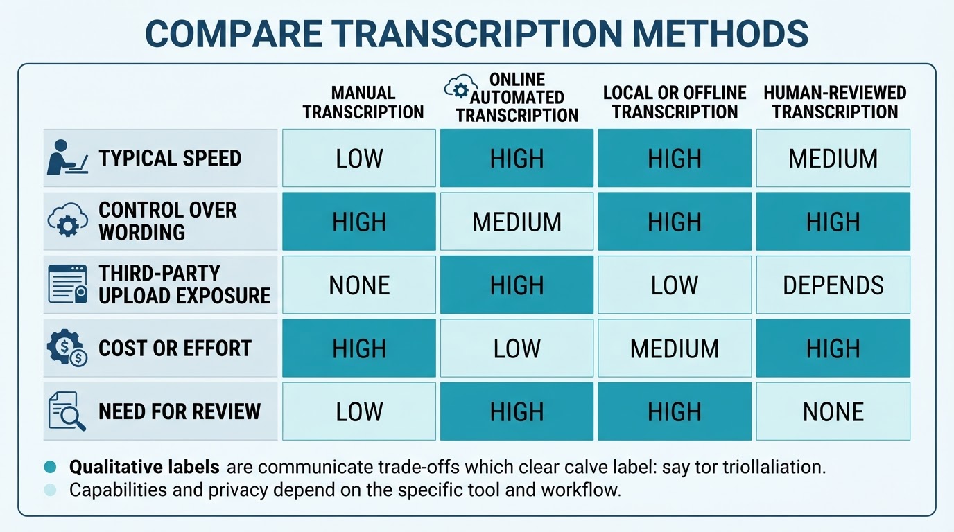 Comparison of manual, online automated, local offline, and human-reviewed transcription methods