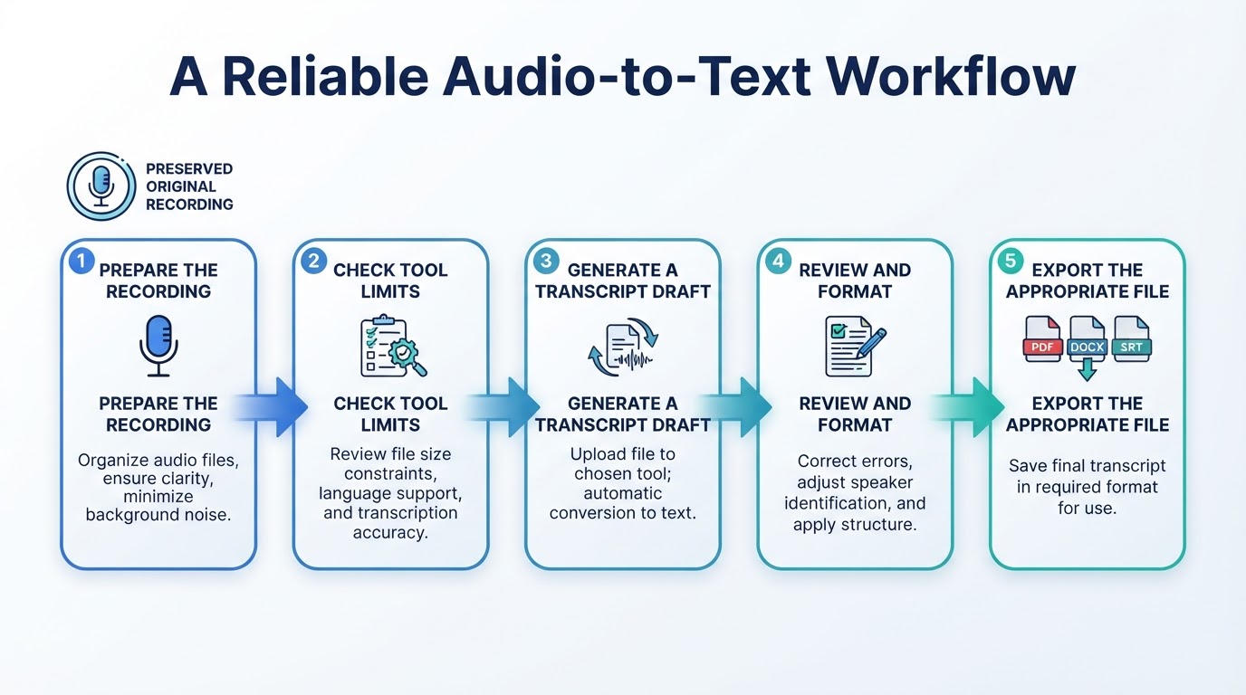 Five-step workflow for transcribing audio: prepare, check limits, generate a draft, review, and export