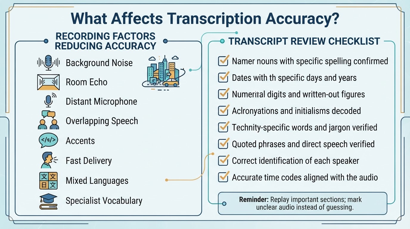 Infographic showing recording conditions that affect transcription accuracy and details to verify during review