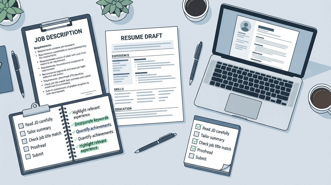 Desk illustration showing a job description, tailored resume draft, notes, and final review checklist.