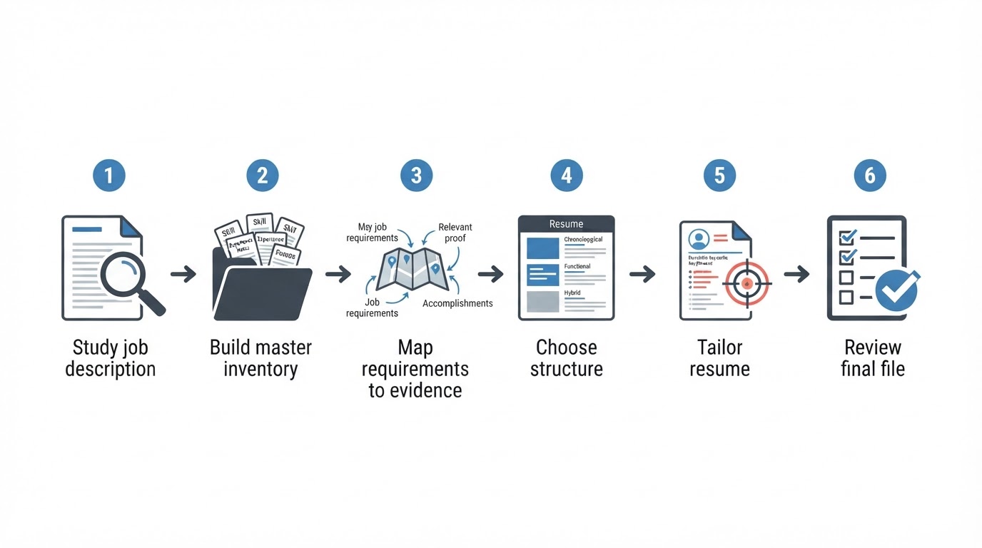 Six-step diagram showing how to move from a job description to a reviewed tailored resume.
