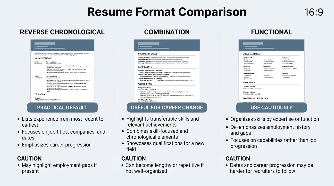 Comparison of reverse chronological, combination, and functional resume formats and their typical uses.