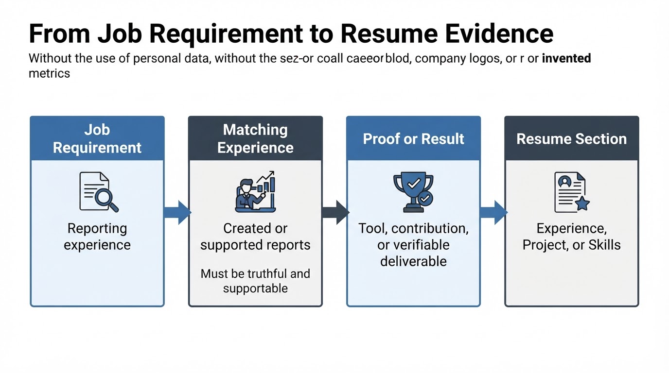 Evidence map connecting a job requirement to matching experience, proof, and the appropriate resume section.