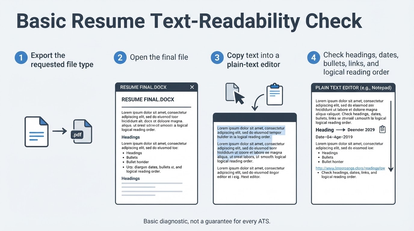 Four-step graphic showing how to copy an exported resume into plain text and check its reading order.