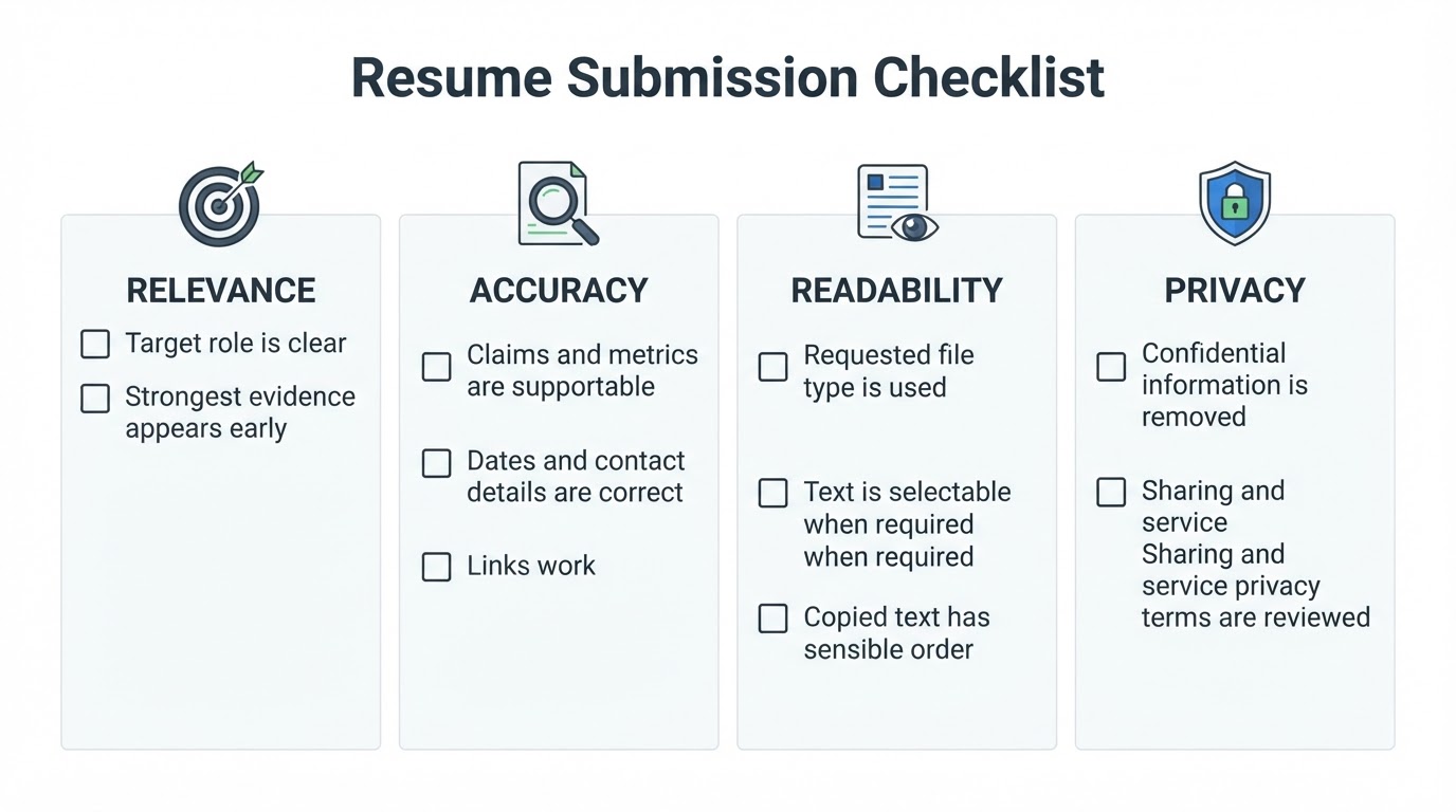 Resume submission checklist covering relevance, accuracy, readability, and privacy.