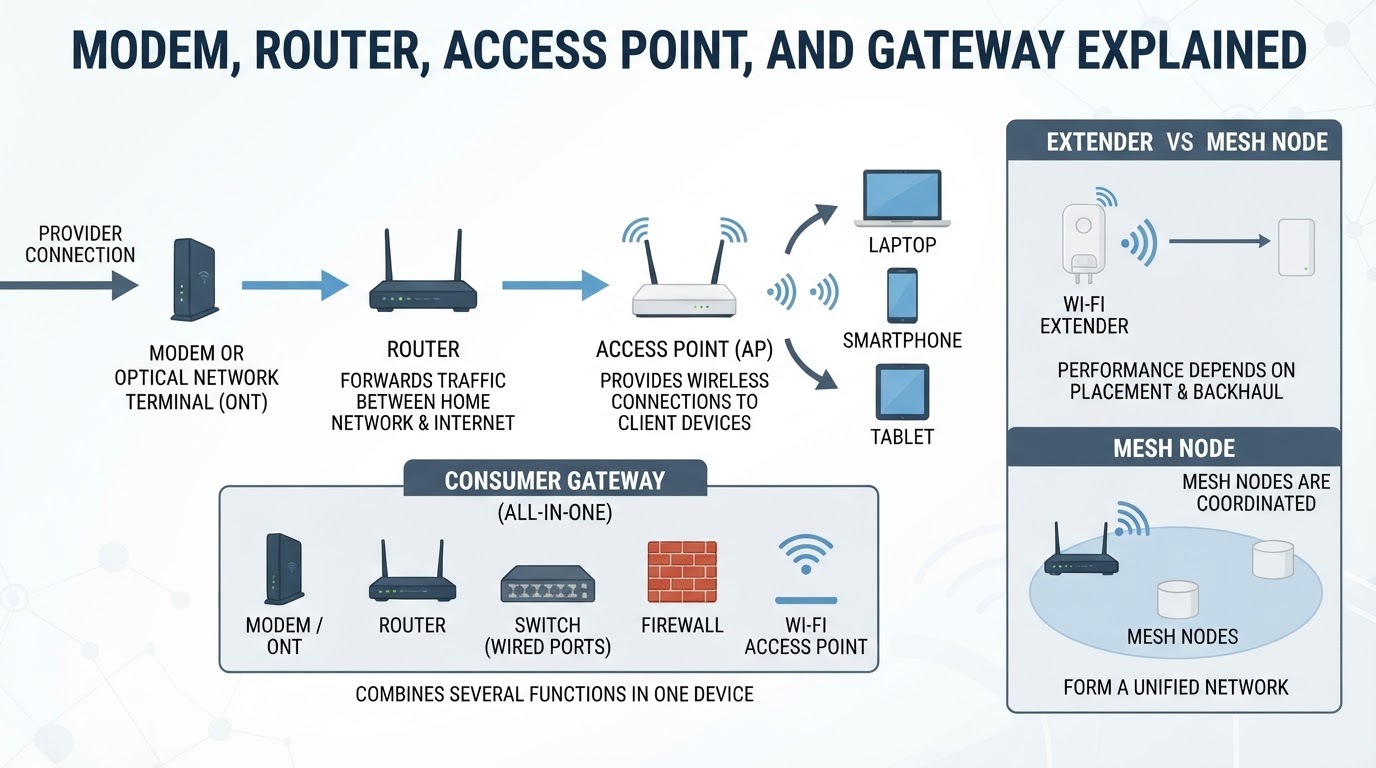 Diagram comparing the roles of a modem, router, access point, gateway, extender, and mesh node