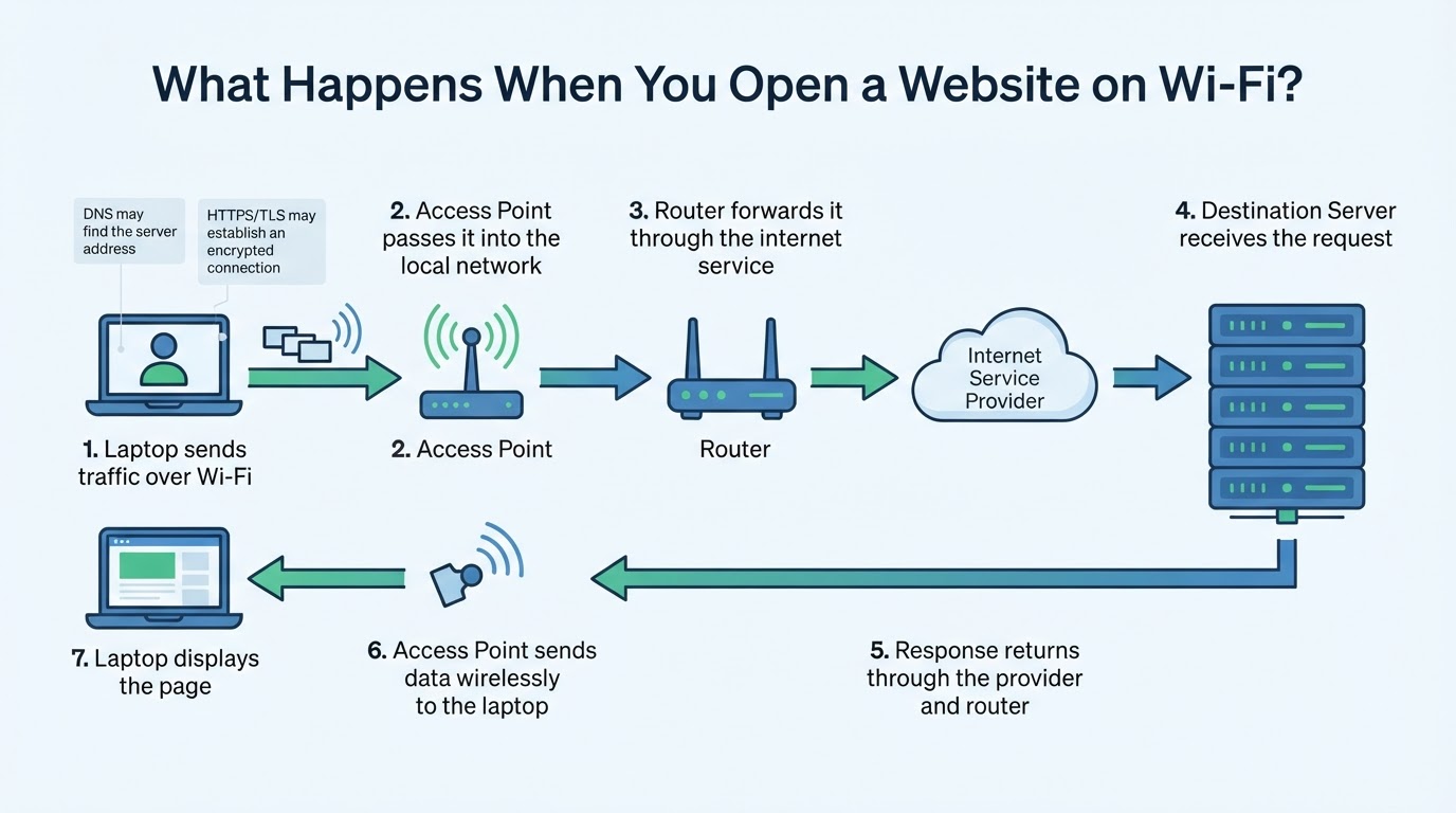 Numbered diagram showing the path of a website request from a laptop through Wi-Fi, a router, the internet, and back