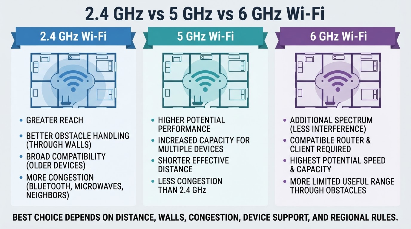Comparison of 2.4 GHz, 5 GHz, and 6 GHz Wi-Fi bands by reach, performance, congestion, and compatibility