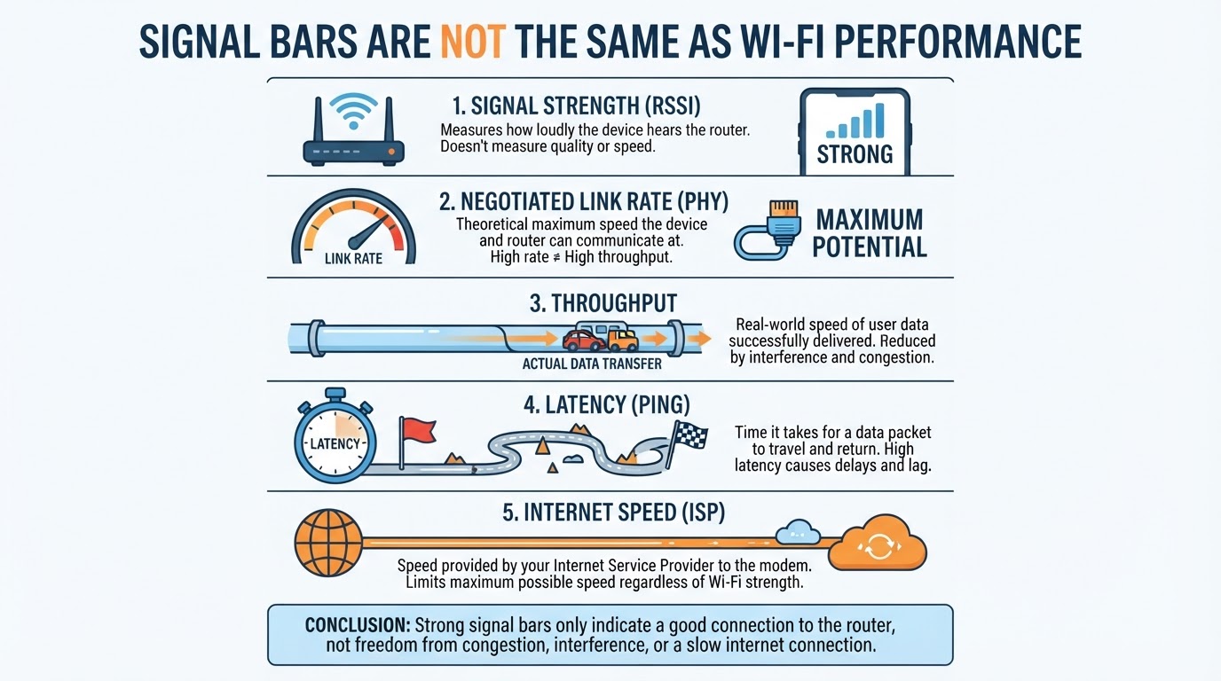Infographic explaining the difference between Wi-Fi signal strength, link rate, throughput, latency, and internet speed