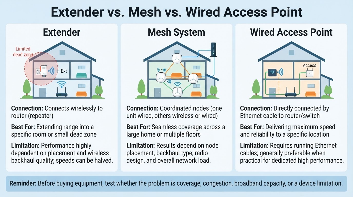 Comparison of a Wi-Fi extender, mesh system, and wired access point for solving coverage problems