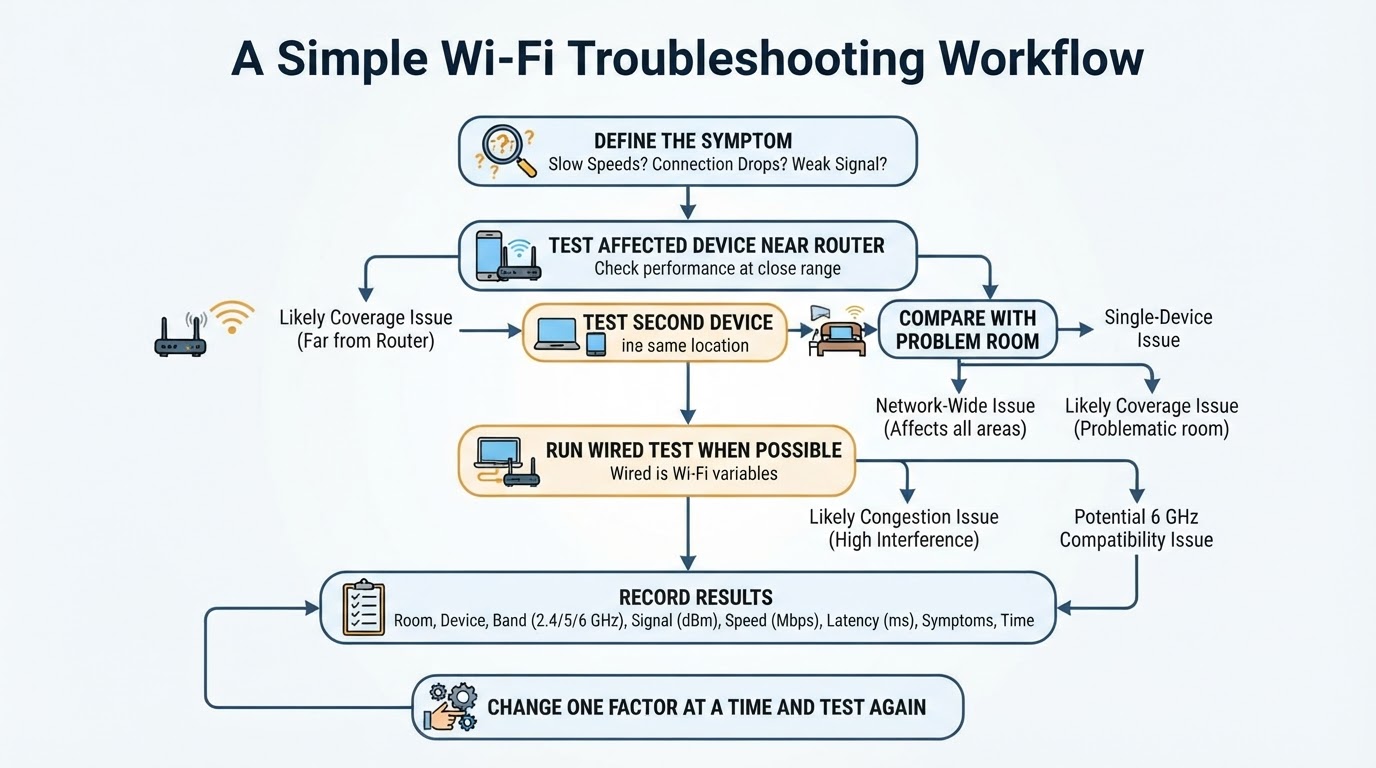Step-by-step workflow for diagnosing weak, slow, or unreliable Wi-Fi