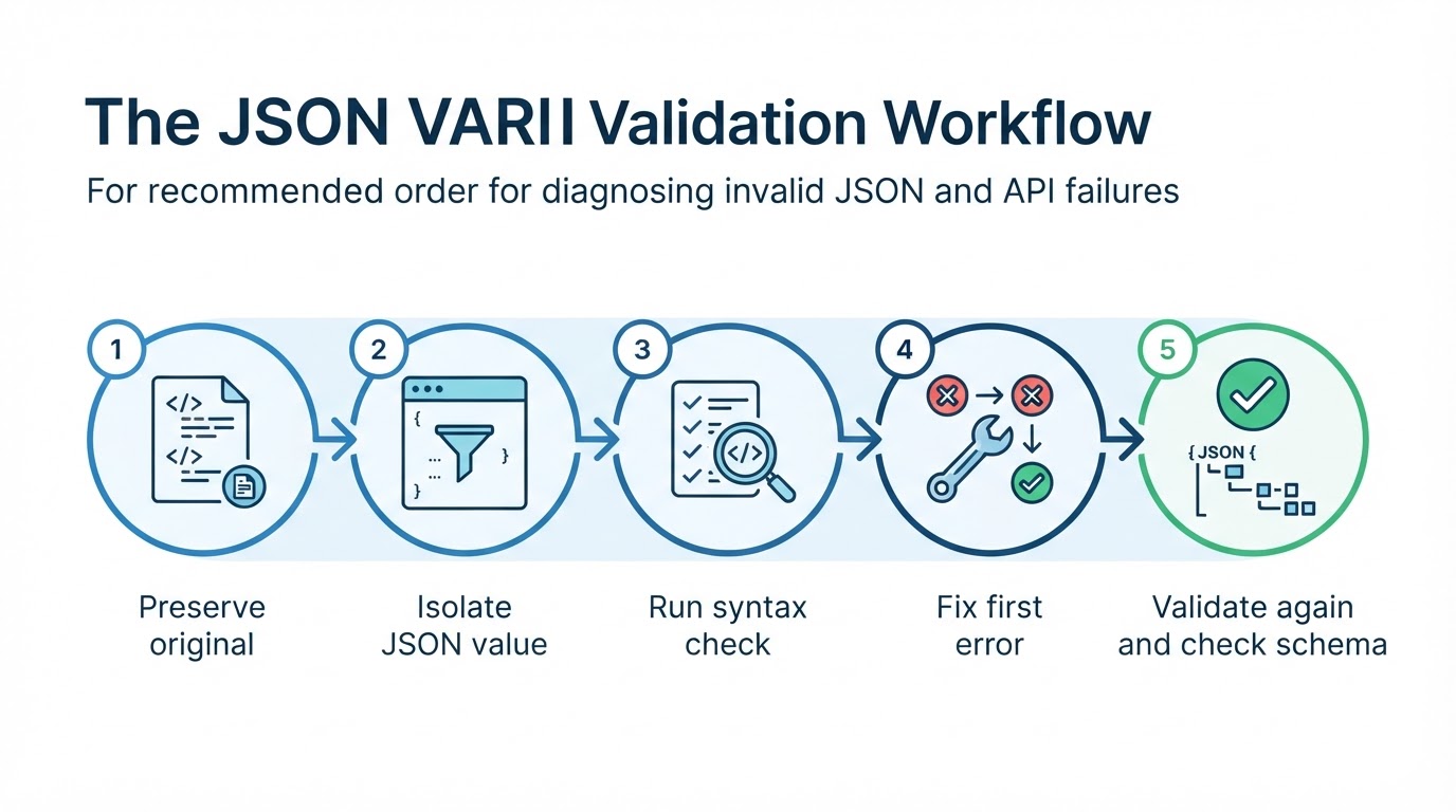 Five-step workflow for preserving, checking, fixing, and revalidating JSON