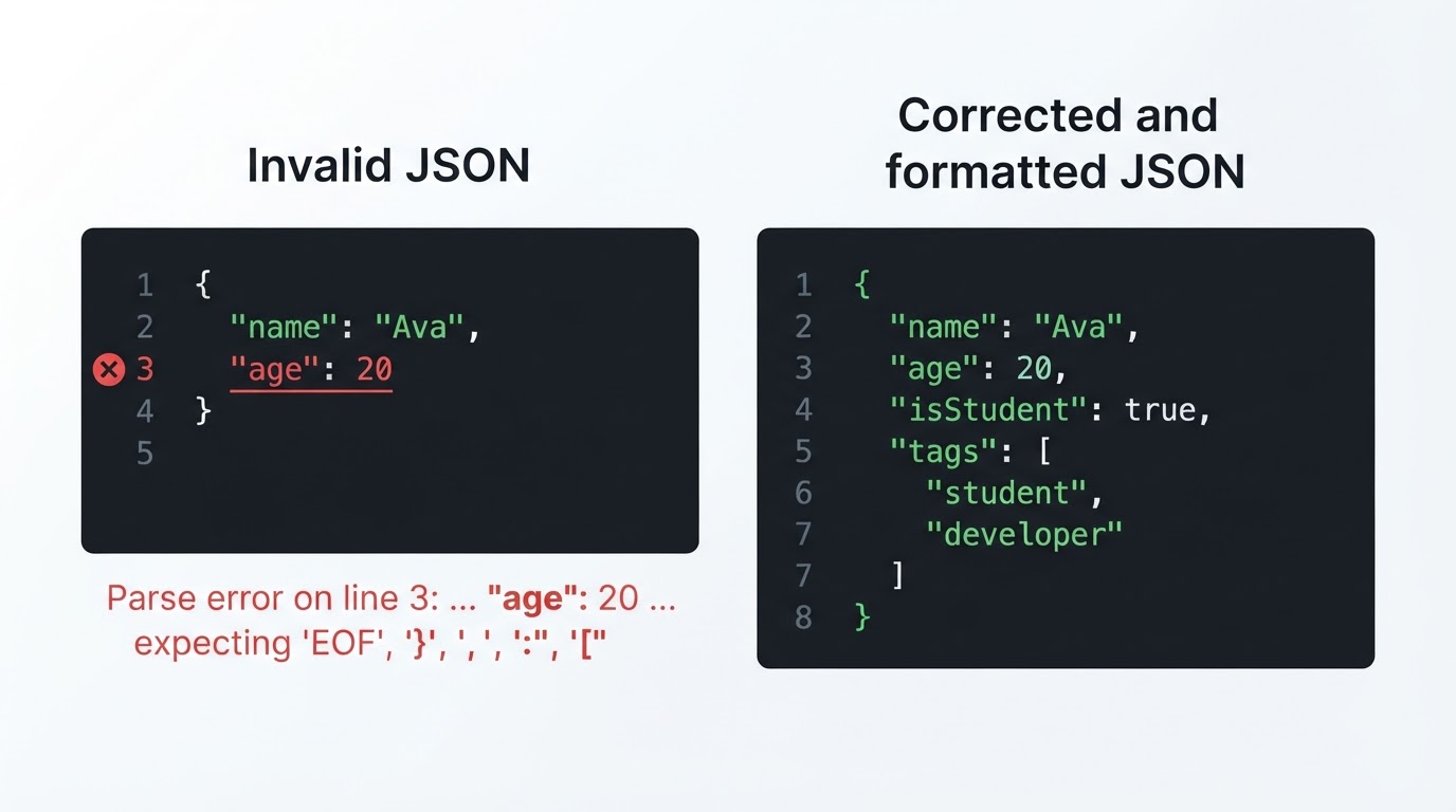 Before-and-after JSON example showing a missing comma fixed and the valid object formatted