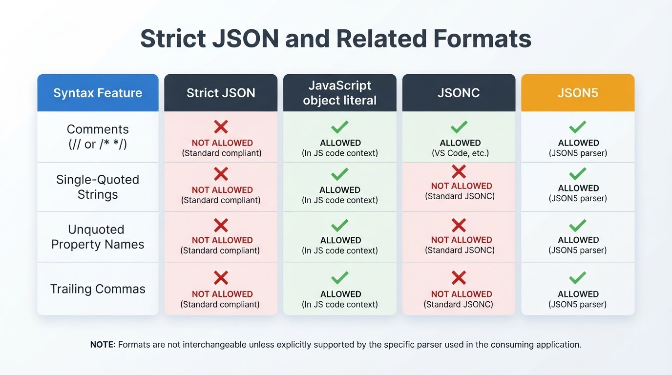 Comparison of strict JSON with JavaScript object literals, JSONC, and JSON5 syntax features