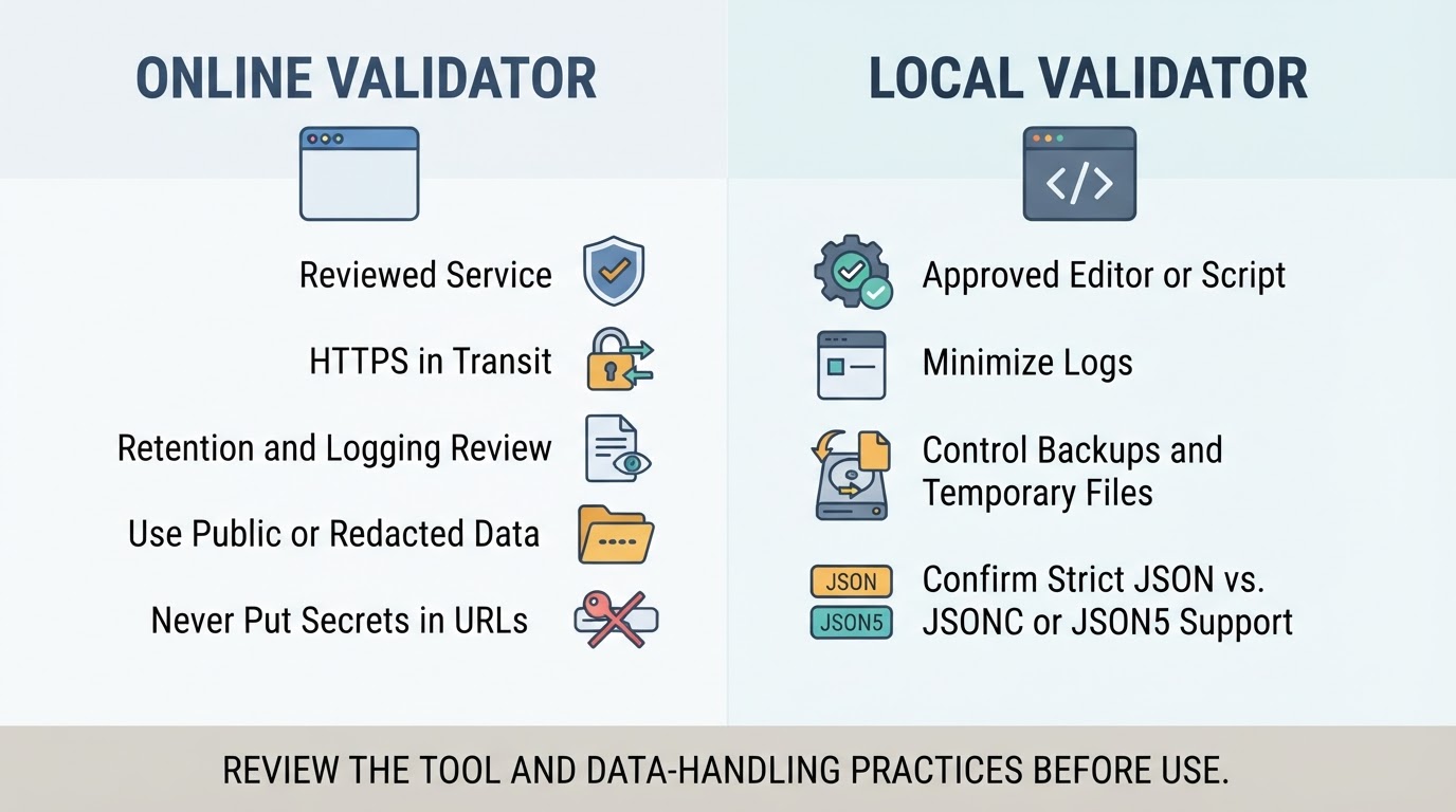 Balanced comparison of privacy considerations for online and local JSON validation