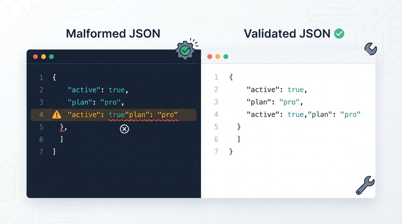 Illustration of a JSON validator identifying a syntax error and showing corrected, formatted JSON.