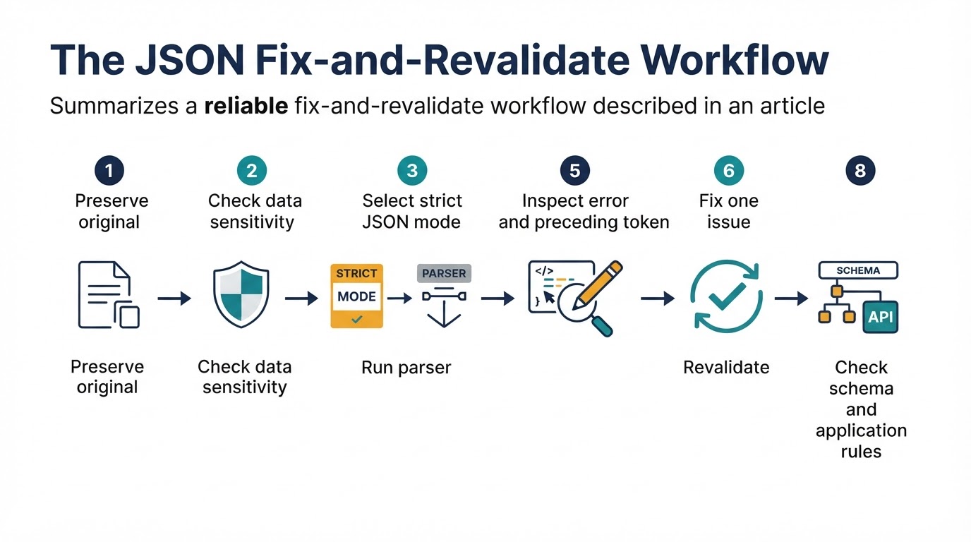 Eight-step diagram showing how to preserve, validate, fix, revalidate, and finally check JSON against schemas and application requirements.