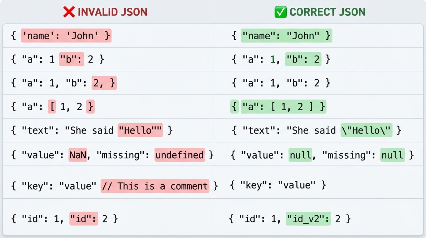 Code comparison showing common invalid JSON patterns and their corrected strict JSON forms.