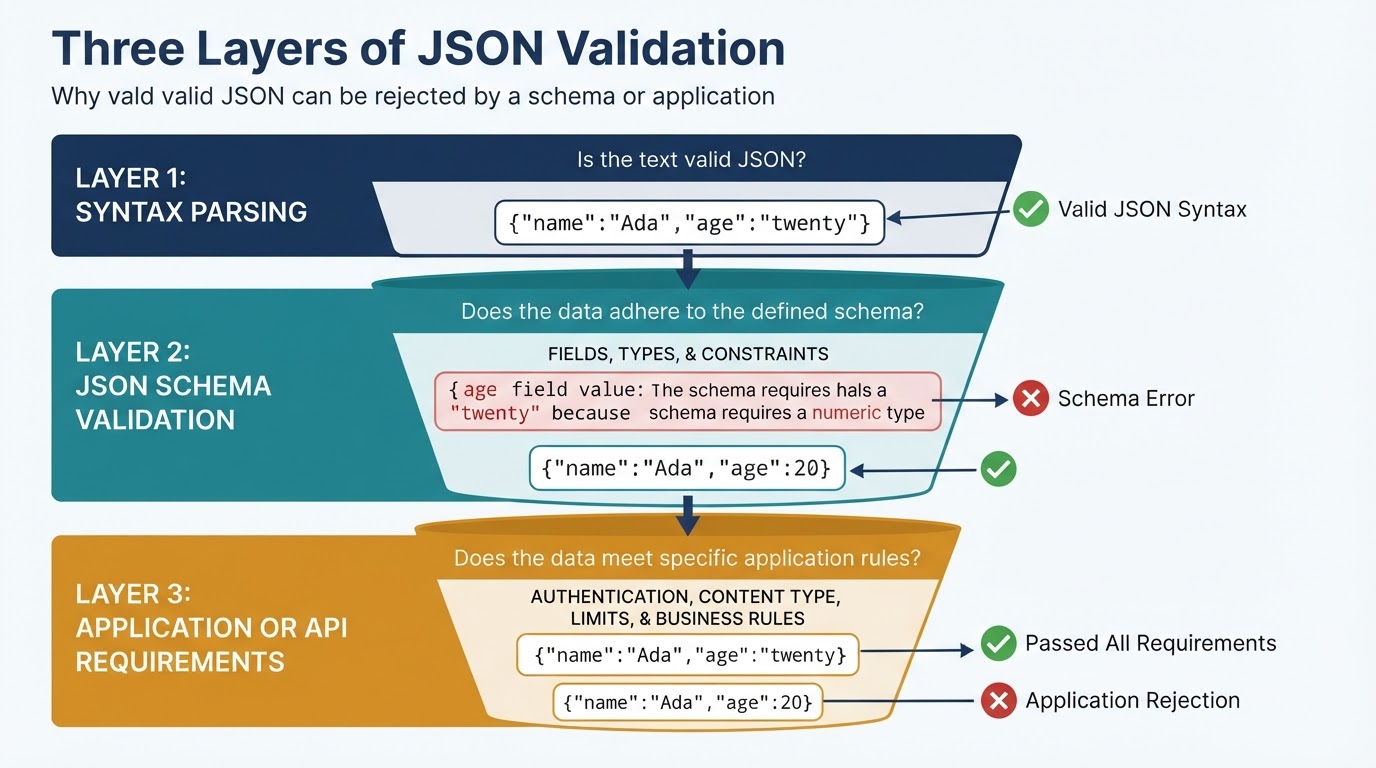 Three-layer diagram showing JSON syntax validation, JSON Schema validation, and application or API checks.