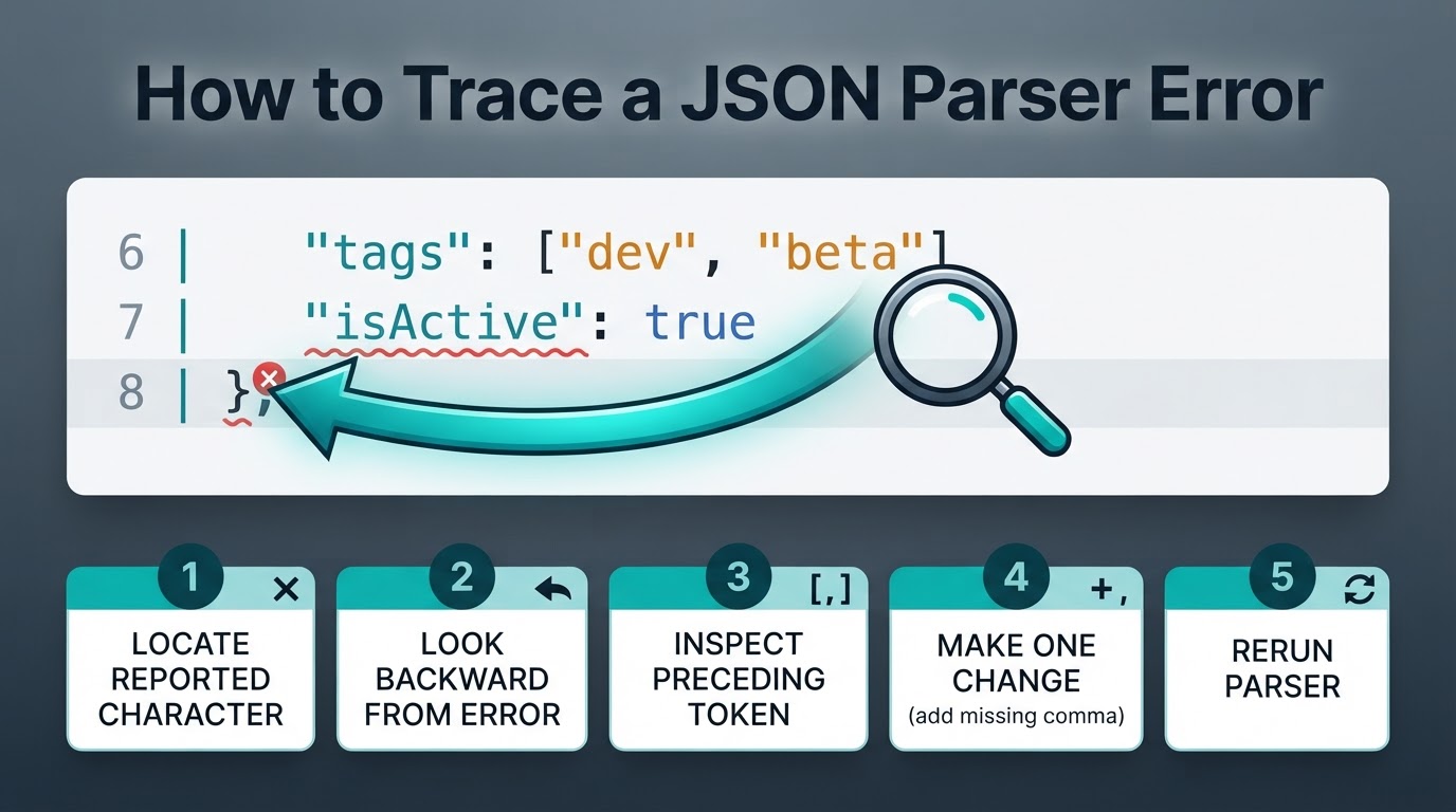 Diagram showing why a JSON parser error may appear after the real mistake and how to inspect the preceding token.