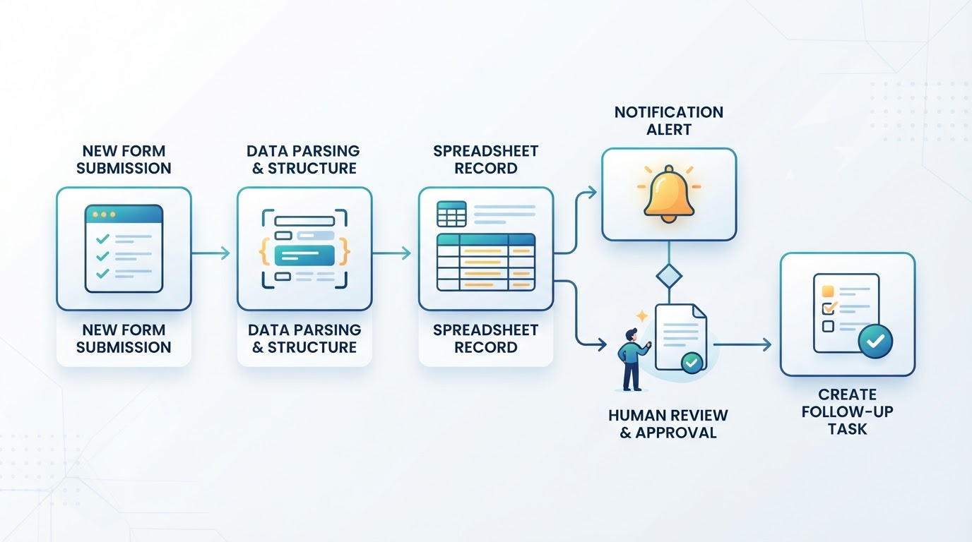 Visual workflow connecting a form submission to data storage, notification, human review, and a follow-up task