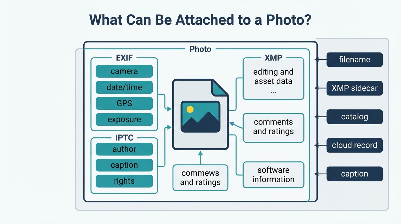 Diagram showing EXIF, IPTC, XMP, comments, previews, and software data inside a photo file, with filenames and cloud records outside it