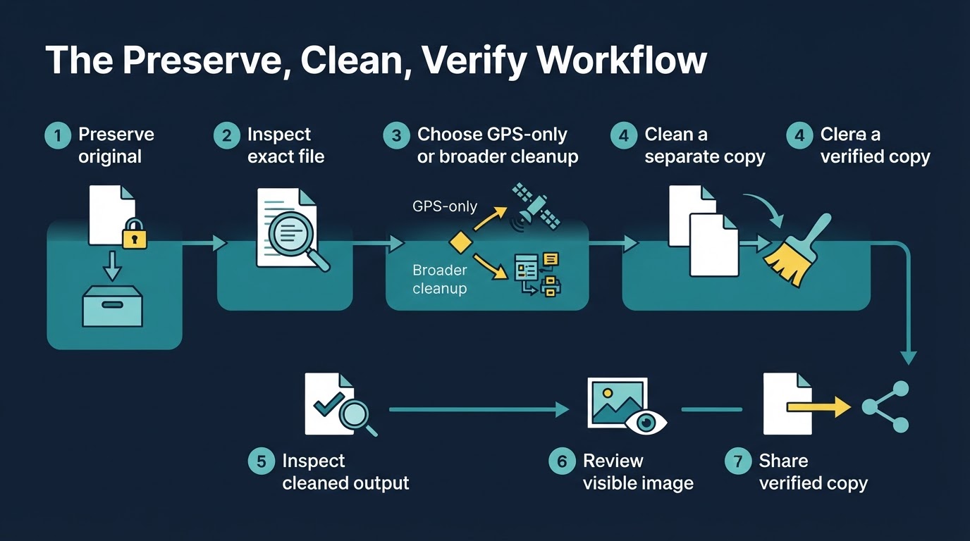 Seven-step workflow for preserving the original photo, cleaning a copy, verifying metadata, reviewing visible clues, and sharing the verified file